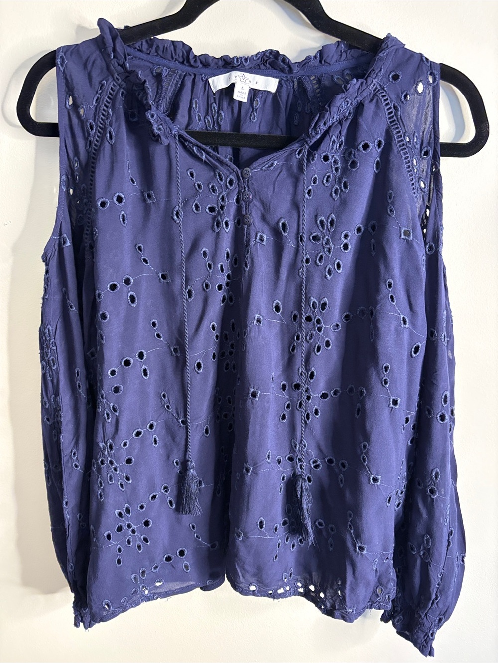 Fever Navy Eyelet Cold-Shoulder Blouse with Tassel Tie